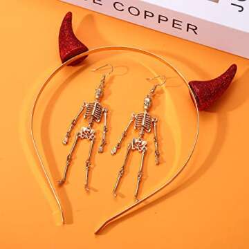 Vokone Halloween Devil Horns Headband Festival Head Decoration with Halloween Skull Ghost Earrings Spooky Halloween Party Costume Accessory for Women (Skull)