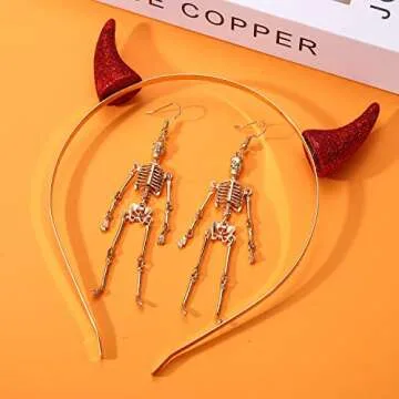 Vokone Halloween Devil Horns Headband Festival Head Decoration with Halloween Skull Ghost Earrings Spooky Halloween Party Costume Accessory for Women (Skull)