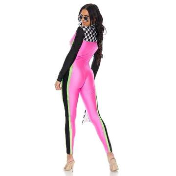 Forplay Zoom! Racer Costume | Womens 4-piece Racer Costume Set with Checker Print Bodysuit, Matching Gloves, High-leg & Aviator Glasses | Racer Costume Checkerprint Bodysuit - XS/S