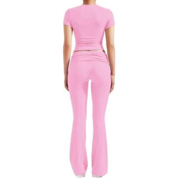 ZFLM Casual Workout Two Piece Outfits for Women Short Sleeve Crop High Waist Foldover Flare Pants Tracksuit Sets Streetwear