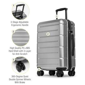 KYME Hardside Carry On Luggage 22x14x9 Airline Approved,22 Inch Hard Shell Suitcase with Double Spinner Wheels TSA Lock,Travel Rolling Luggage with Cup Holder for Men Women,Silver