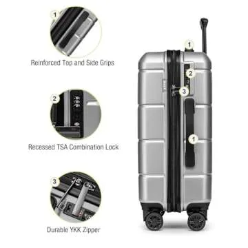 KYME Hardside Carry On Luggage 22x14x9 Airline Approved,22 Inch Hard Shell Suitcase with Double Spinner Wheels TSA Lock,Travel Rolling Luggage with Cup Holder for Men Women,Silver