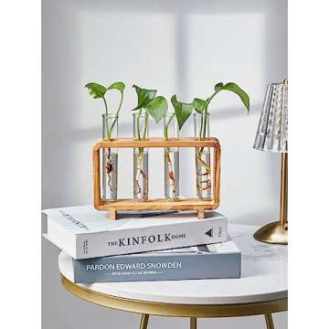 Mokof Plant Propagation Station, Propagation Stations with Wooden Stand for Office Home Decor (Brown, 4 Tubes)