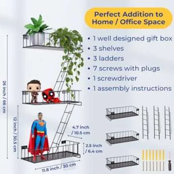 Rustic 3 Tier Fire Escape Wall Shelf - Midnight Steel