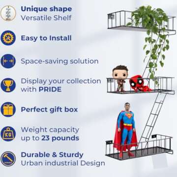 Rustic 3 Tier Fire Escape Wall Shelf - Midnight Steel