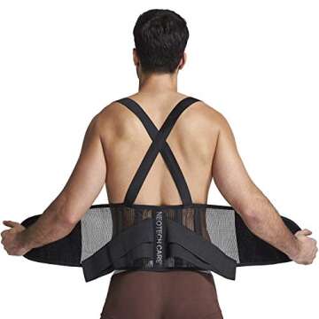NeoTech Care Back Brace with Suspenders/Shoulder Straps - Light & Breathable - Lumbar Support Belt for Lower Back Pain - Posture, Work, Gym - Black Color (Size S)