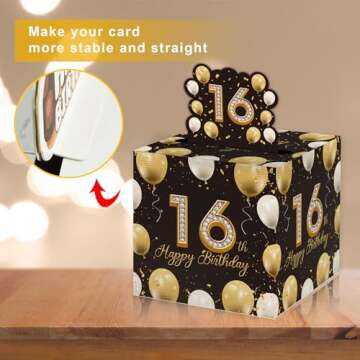16th Birthday Surprise Gift Box, 16th Birthday Gifts for Girls Boys, Happy Birthday Money Gift Boxes for Cash with Pull Out, Black Gold Decor for 16th Birthday Party(with 35PCS Bags)