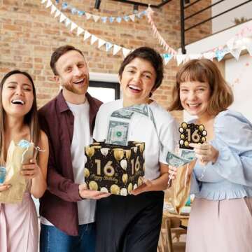 16th Birthday Surprise Gift Box, 16th Birthday Gifts for Girls Boys, Happy Birthday Money Gift Boxes for Cash with Pull Out, Black Gold Decor for 16th Birthday Party(with 35PCS Bags)