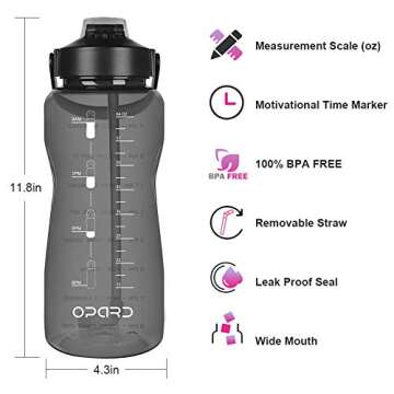Opard 64 oz Water Bottle with Time Marker to Drink Half Gallon Motivational Water Bottle with Straw and Handle Large BPA Free Water Jug for Sports Gym Fitness (Deep Black)