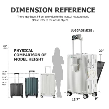 feilario 20in Aluminium Frame Hardside Spinner Wheel Luggage, Built-In TSA lock Carry on Suitcase, with Cup Holder & USB Port & Phone Holder