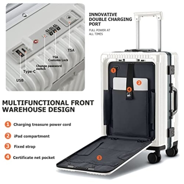 feilario 20in Aluminium Frame Hardside Spinner Wheel Luggage, Built-In TSA lock Carry on Suitcase, with Cup Holder & USB Port & Phone Holder