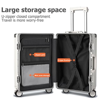 feilario 20in Aluminium Frame Hardside Spinner Wheel Luggage, Built-In TSA lock Carry on Suitcase, with Cup Holder & USB Port & Phone Holder
