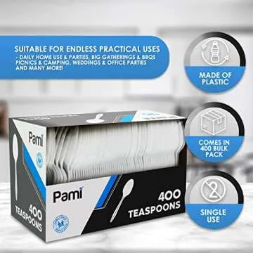 PAMI Medium-Weight Disposable Plastic Teaspoons [400-Pack] - Bulk White Plastic Silverware For Parties, Weddings, Catering Food Stands, Takeaway Orders & More- Sturdy Single-Use Partyware Spoons