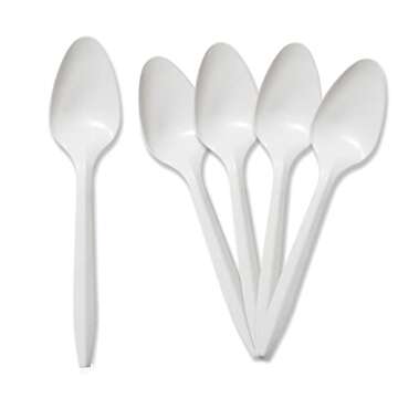 PAMI Medium-Weight Disposable Plastic Teaspoons [400-Pack] - Bulk White Plastic Silverware For Parties, Weddings, Catering Food Stands, Takeaway Orders & More- Sturdy Single-Use Partyware Spoons