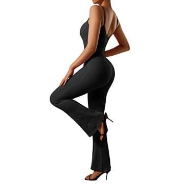 SUUKSESS Women Ribbed Flare One Piece Jumpsuits Seamless Padded Square Neck Sexy Jumpsuit 30‘’ (Black,L)