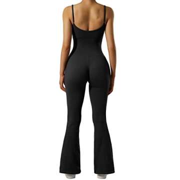 SUUKSESS Women Ribbed Flare One Piece Jumpsuits Seamless Padded Square Neck Sexy Jumpsuit 30‘’ (Black,L)