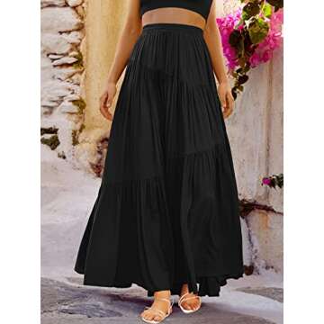 ANRABESS Women’s Boho Elastic High Waist Pleated A-Line Flowy Swing Asymmetric Tiered Maxi Long Skirt Dress with Pockets Black Medium