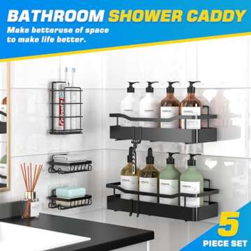 Huissolo Bathroom Shower Caddy Organizer Shelves Rack 5Pack,Strong Adhesive,6Hooks,Drill-Free & Quic...
