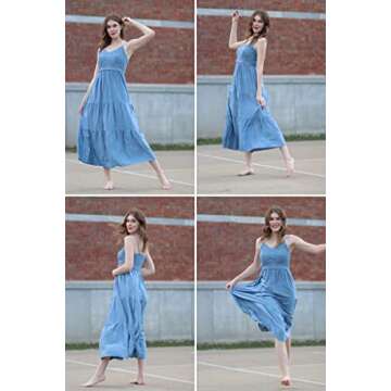 Dokuritu Women's Beach Crochet Lace Maxi Dress Cocktail Vacation Summer Spaghetti Strap Baby Blue Long Dress Wedding Guest Dress 2024(Blue,S)