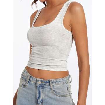 AnotherChill Women's Ribbed Crop Tank Tops Scoop Neck High Back Basic Sleeveless Rib Shirt Summer Athletic Top (Light-Heather-Grey, X-Small)