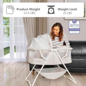 Dream On Me Karley Bassinet in Grey, Lightweight Portable Baby Bassinet, Quick Fold and Easy to Carry , Adjustable Double Canopy, Indoor and Outdoor Bassinet with Large Storage Basket.