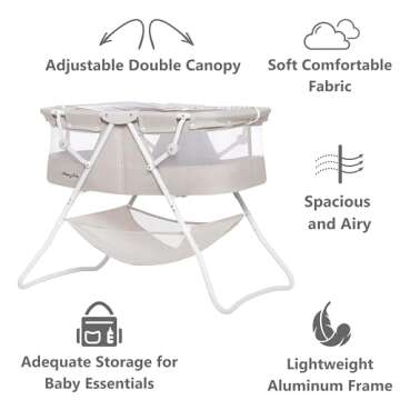 Dream On Me Karley Bassinet in Grey, Lightweight Portable Baby Bassinet, Quick Fold and Easy to Carry , Adjustable Double Canopy, Indoor and Outdoor Bassinet with Large Storage Basket.