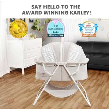 Dream On Me Karley Bassinet in Grey, Lightweight Portable Baby Bassinet, Quick Fold and Easy to Carry , Adjustable Double Canopy, Indoor and Outdoor Bassinet with Large Storage Basket.