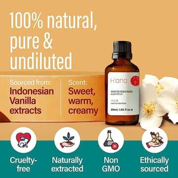 H'ana Vanilla Essential Oil - 100% Pure and Natural Essential Oil for Diffuser and Skin - with a Creamy, Smooth Texture and a Warm, Long-Lasting Vanilla Perfume Scent (1 Fl Oz)