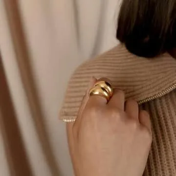 NOKMIT Chunky Dome Rings for Women Dainty 14K Gold Silver Tone Cute Bold Dome Statement Ring Thick Minimalist Thumb Band High Polished Smooth Comfort Fit (2PCS Thick Gold, 6)