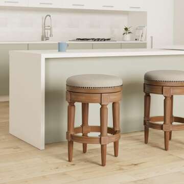 Maven Lane Pullman 26 Inch Tall Backless Weathered Oak Finish Counter Height Upholstered Barstool wi...