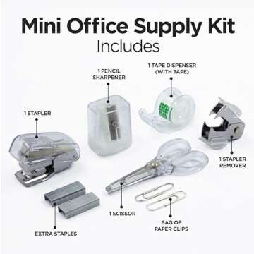 LD Products Clear Mini Office Supply Kit Portable Case with Scissors, Paper Clips, Tape Dispenser Set, Pencil Sharpener, Mini Stapler with Staples and Staple Remover