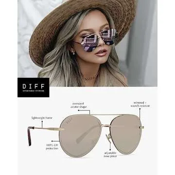 DIFF Lenox Gold + Cherry Blossom Mirror, Designer Oversized Aviator Sunglasses for Women UV400