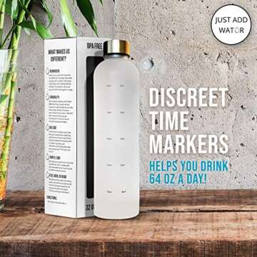 JUST ADD WATUR Motivational Water Bottle with Time Marker Reminder, BPA Free Frosted Tritan Plastic, Leakproof and Drop Resistant, 1 Liter 32 Oz (The Original)