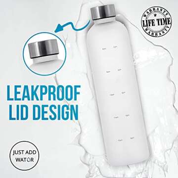 JUST ADD WATUR Motivational Water Bottle with Time Marker Reminder, BPA Free Frosted Tritan Plastic, Leakproof and Drop Resistant, 1 Liter 32 Oz (The Original)
