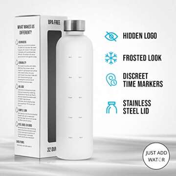 JUST ADD WATUR Motivational Water Bottle with Time Marker Reminder, BPA Free Frosted Tritan Plastic, Leakproof and Drop Resistant, 1 Liter 32 Oz (The Original)