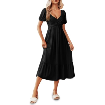 Ebifin Womens Summer Puff Sleeve Dress Casual Backless Twist Front Ruffle Flowy Beach Midi Dresses B...