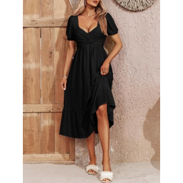 Ebifin Womens Summer Puff Sleeve Dress Casual Backless Twist Front Ruffle Flowy Beach Midi Dresses Black