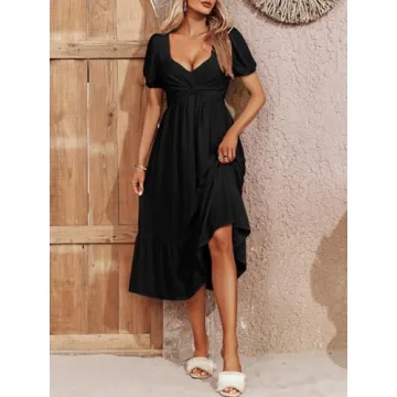 Ebifin Womens Summer Puff Sleeve Dress Casual Backless Twist Front Ruffle Flowy Beach Midi Dresses Black