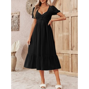 Ebifin Womens Summer Puff Sleeve Dress Casual Backless Twist Front Ruffle Flowy Beach Midi Dresses Black