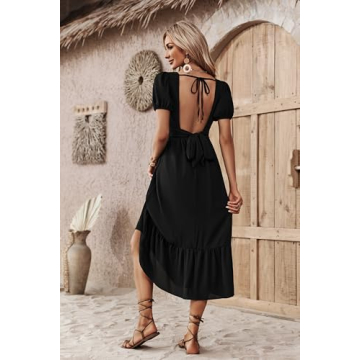 Ebifin Womens Summer Puff Sleeve Dress Casual Backless Twist Front Ruffle Flowy Beach Midi Dresses Black