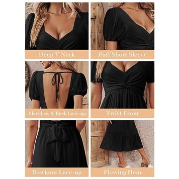 Ebifin Womens Summer Puff Sleeve Dress Casual Backless Twist Front Ruffle Flowy Beach Midi Dresses Black