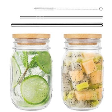 ANOTION Mason Jar with Lids and Straws, Regular Mouth Mason Jars 16 Oz, Mason Jar Cups with Lids and Straws, Set of 2 Mason Jar Drinking Glasses