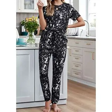 KIRUNDO Women's Two Piece Pajamas Set Tie Dye Printed Short Sleeves T-Shirt Long Pants Joggers Sleepwear Lounge Set with Belt Black