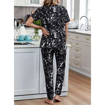 KIRUNDO Women's Two Piece Pajamas Set Tie Dye Printed Short Sleeves T-Shirt Long Pants Joggers Sleepwear Lounge Set with Belt Black
