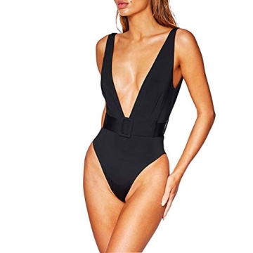 TSWRK Women's Leopard Surplice Neckline High Waisted One Piece Monokini Swimsuit with Belt