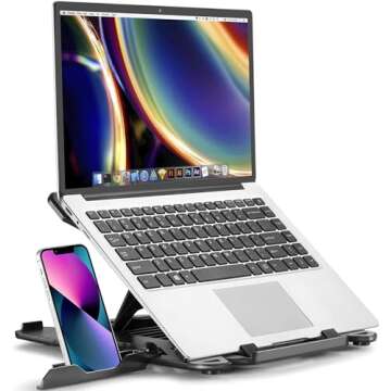 Lifelong Adjustable Laptop Stand with Phone Holder- Ergonomic Portable Foldable Multi-Angle Laptop Riser for 10-17” Laptops, Tablets, Smartphones