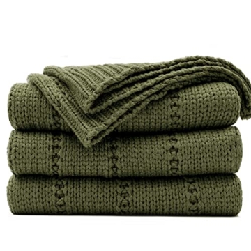 RECYCO Cable Knit Moss Green Throw Blanket for Couch, Super Soft Warm Cozy Decorative Knitted Throw ...