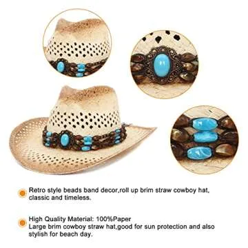 GEMVIE Cowboy Hat Breathable Straw Sun Hat Unisex