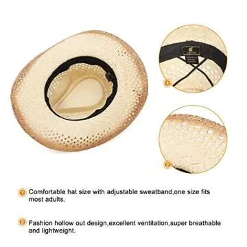 GEMVIE Cowboy Hat Breathable Straw Sun Hat Unisex