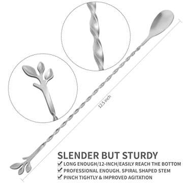 AnSaw Silver 12-Inch Stainless Steel Cocktail Spoon with Leaf Handle - Perfect for Mixing & Layering...